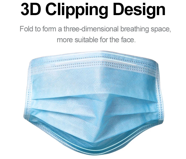 Blue 3-layer disposable face mask, non-woven meltblown fabric with 3D clipping design for comfortable breathing.