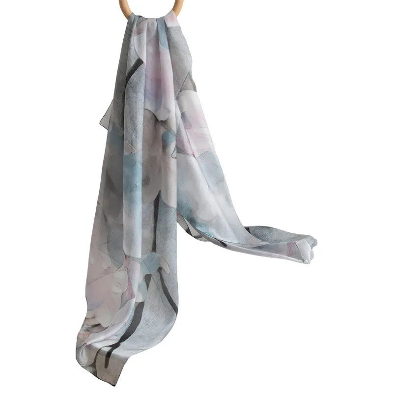 Carefully Selected Hangzhou Silk Scarf Women Long Mulberry Silk Shawl Ink-wash Peony Print Vintage Style Premium Feel Spring
