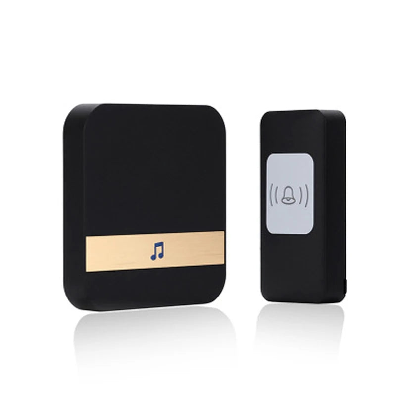 Black wireless doorbell chime receiver with speaker icon and matching side unit