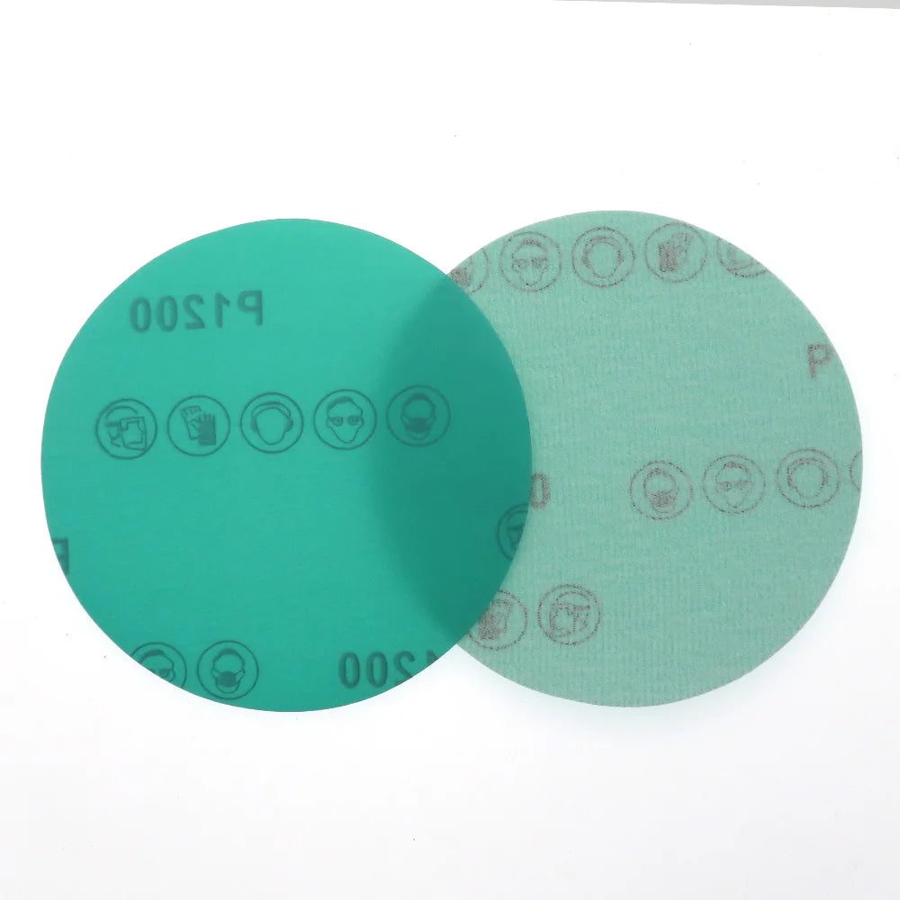 6-inch green PET film sanding discs for wet & dry car polishing, hook and loop, aluminum oxide for smooth finishing.