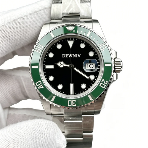 41mm men’s luxury diving watch with green bezel, black dial, stainless steel band, and automatic 3235 movement.