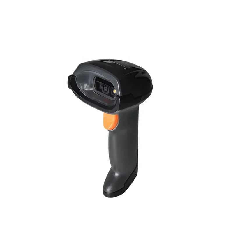 Handheld barcode scanner close-up with orange trigger and top scanning window