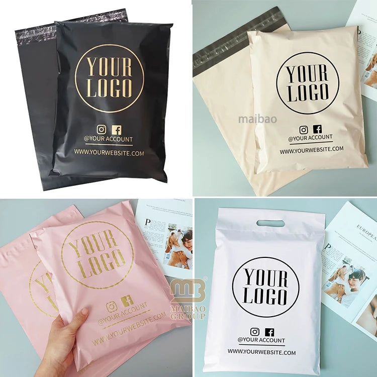 Assorted logo poly mailers in black, cream, and pink, shown in a collage