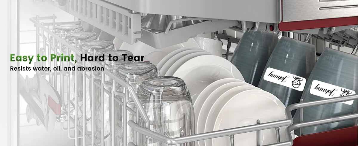 Ribbon label printing feed with “easy to print, hard to tear” durability icons