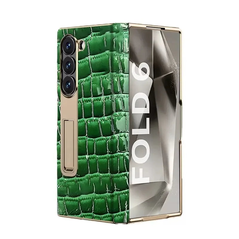 Gradient Colorful Crocodile Genuine Leather Electroplated Hinge Tempered Screen Protector for Samsung Galaxy ZFold 6 Z Fold 5 4green Crocodile pattern OPP Bag Tidesmit