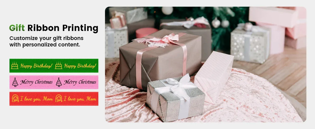 Gift ribbon printing labels with colorful custom message layouts on label strips