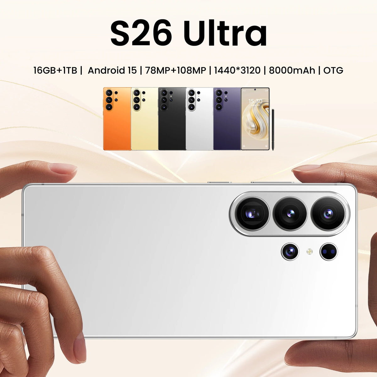 White smartphone back held in hand, showing triple camera module