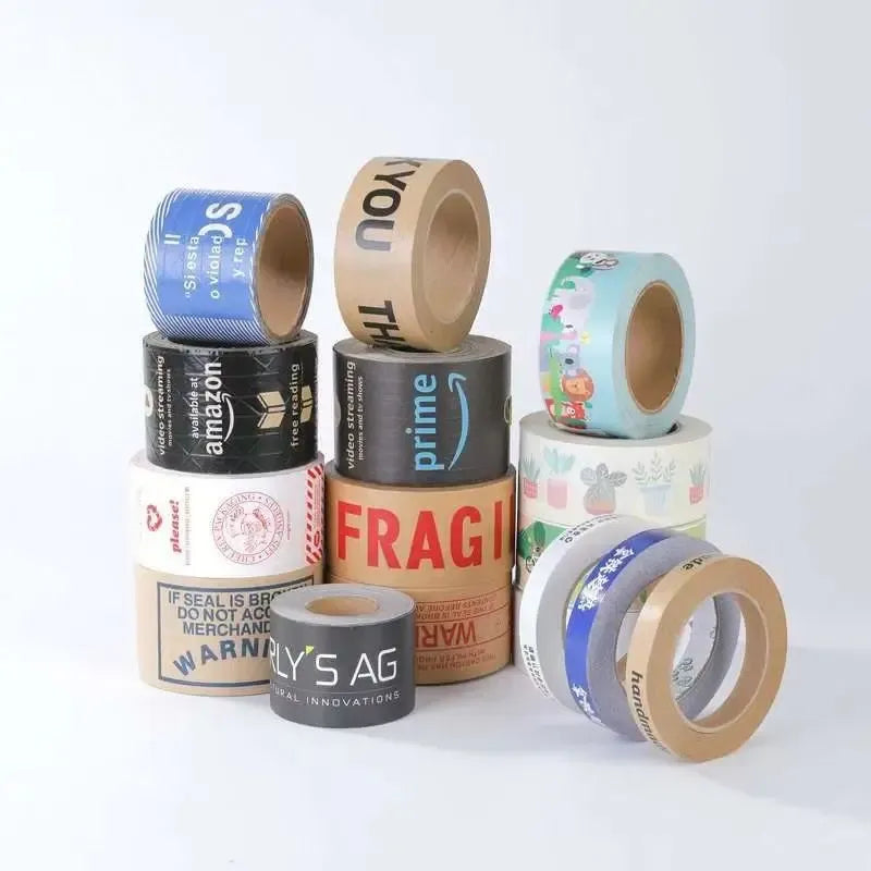 Assorted packing tape rolls grouped together, including tan and patterned tape