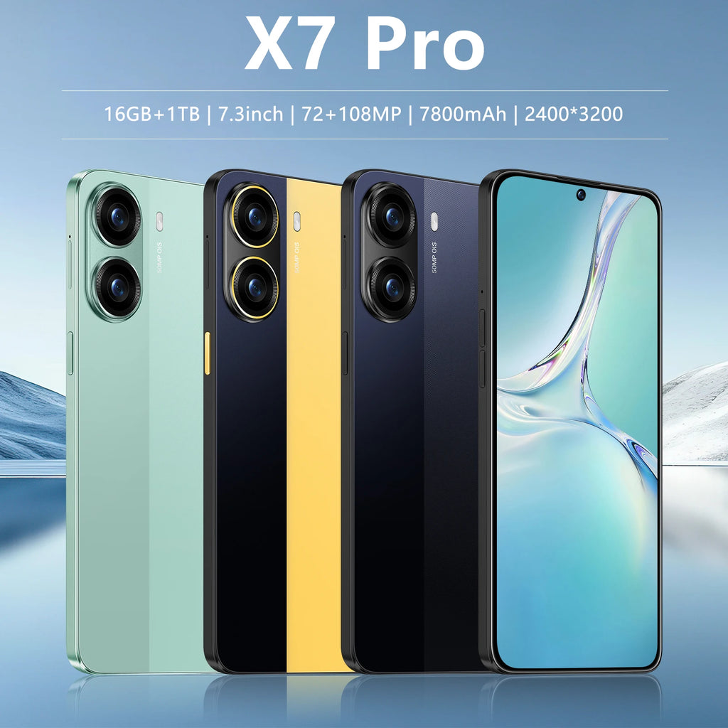 Tidesmit X7 Pro 5G smartphone with 7.3 inch 90Hz display and 1TB storage in sleek premium finish.