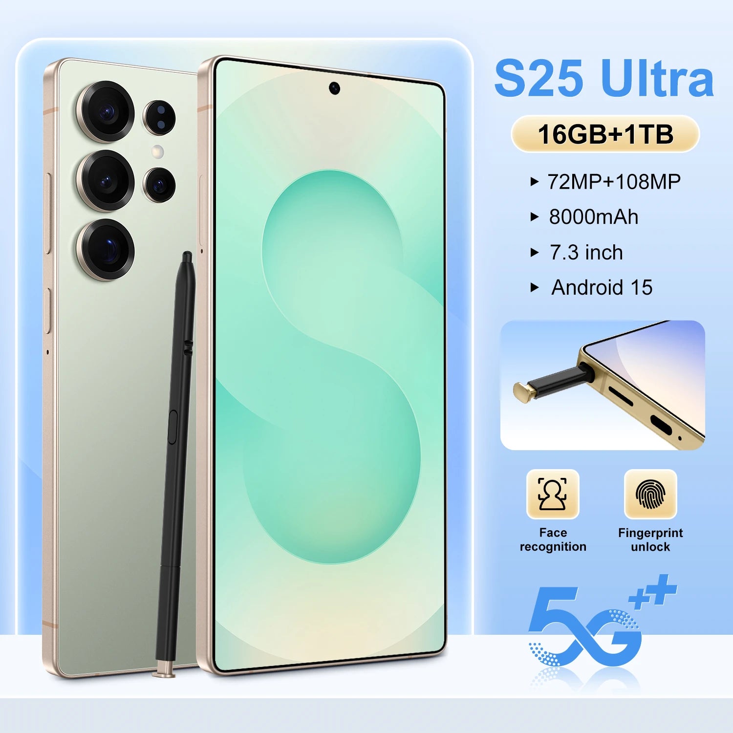 Ultra 5G S25 smartphone with 7.3 inch HD display, 108MP camera, and 8800mAh battery for long-lasting performance