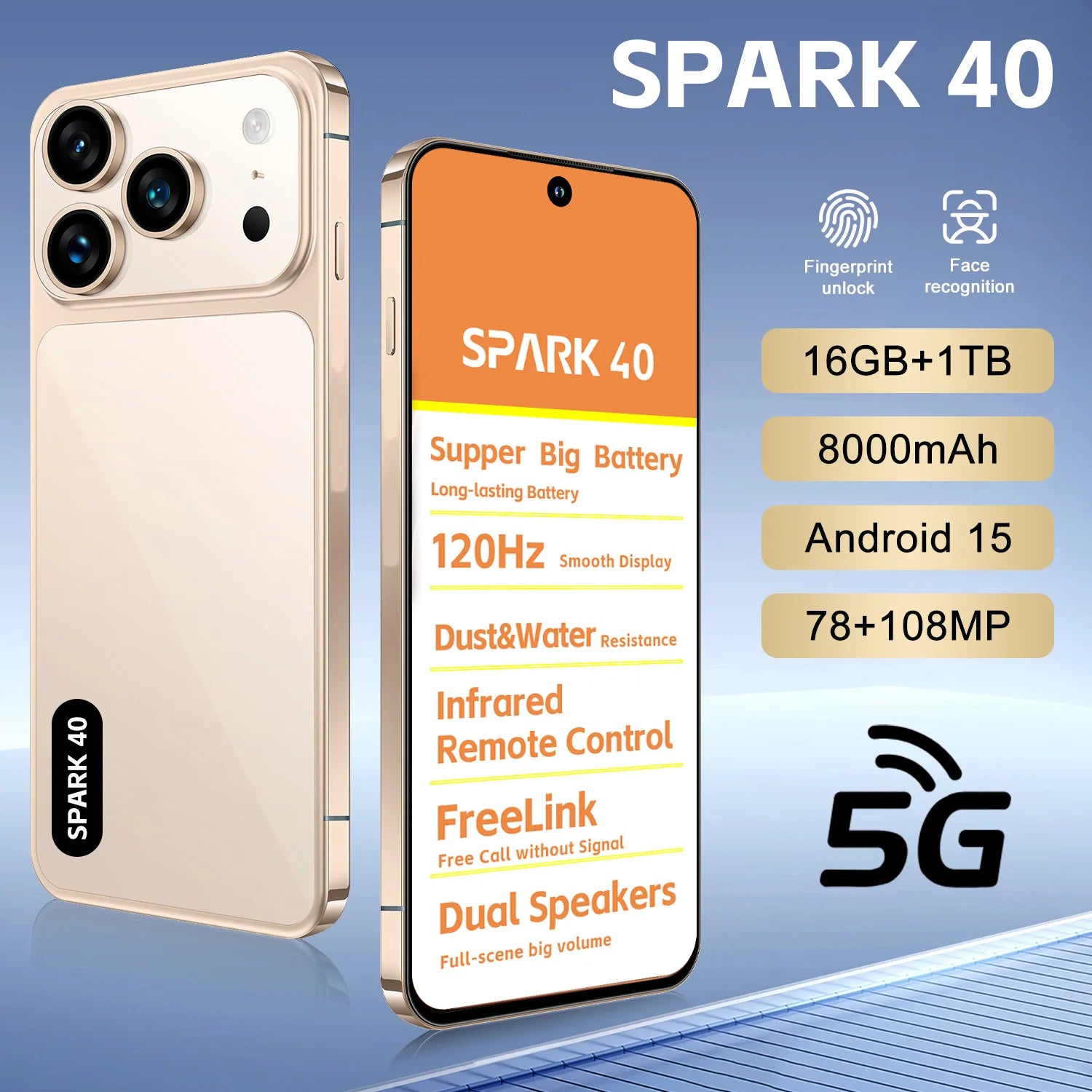 SPARK 40 5G unlocked smartphone with 78MP and 108MP dual cameras and large 8000mAh battery