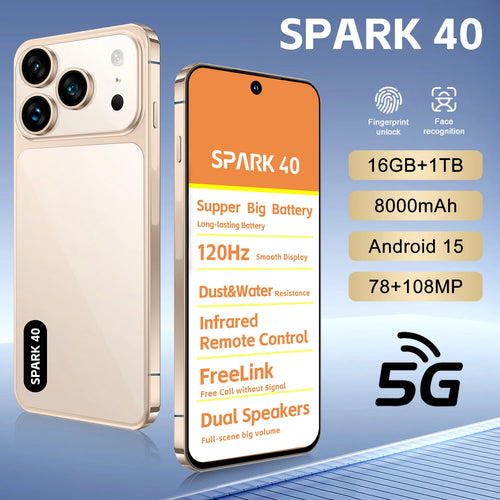 SPARK 40 5G unlocked smartphone with 78MP and 108MP dual cameras and large 8000mAh battery