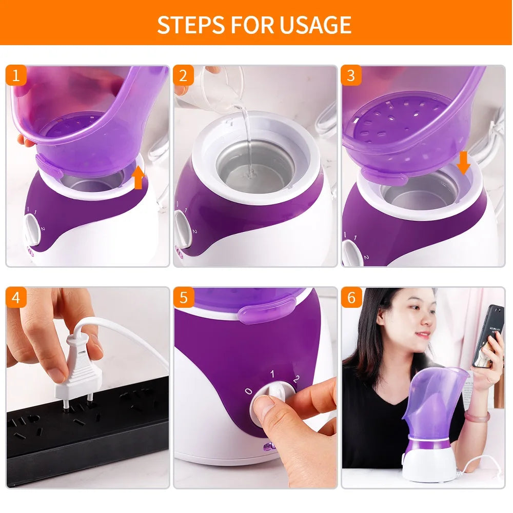 Steps for using a purple and white facial steamer for deep pore cleansing, skin moisturizing, and home SPA treatments.