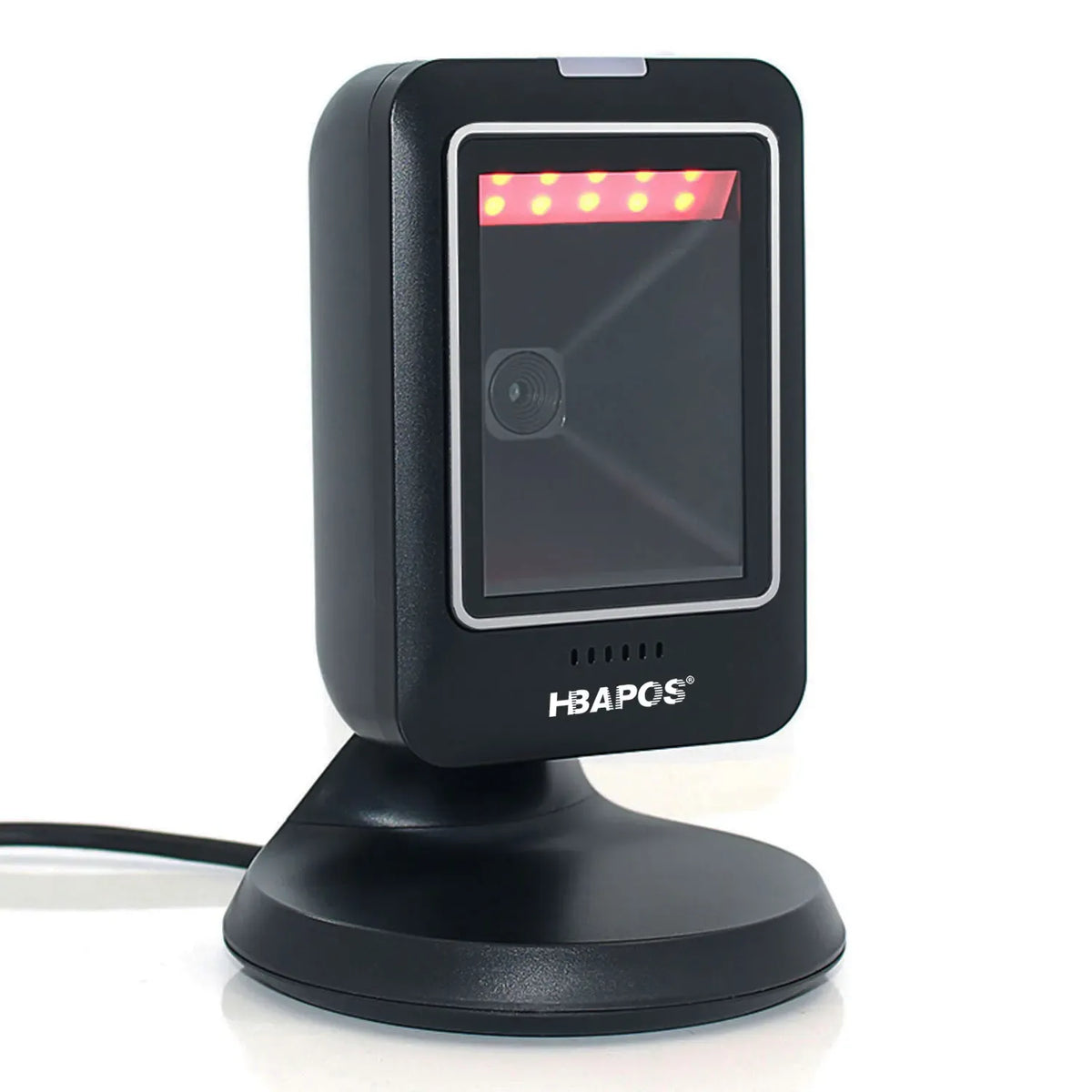 Desktop 2D barcode scanner with illuminated red scan window on black base