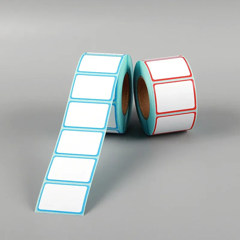 Self-adhesive thermal labels roll: white labels with red and blue borders