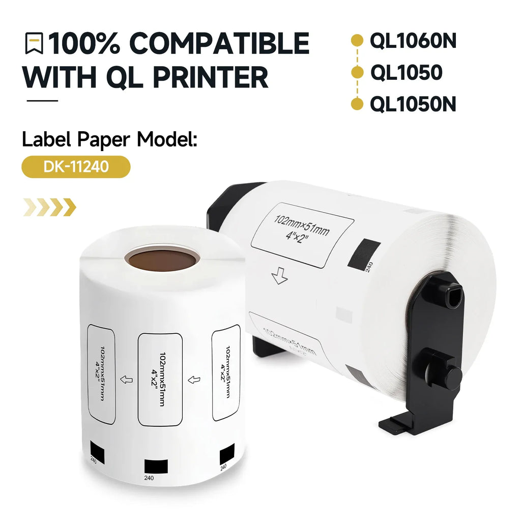 White thermal label roll with label size marking and compatibility icons