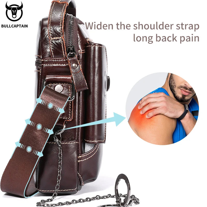 BULLCAPTAIN Genuine Cowhide Leather Men's Crossbody Bag - Vintage Top Layer Cow Leather Sling Bag, Single Shoulder Handbag