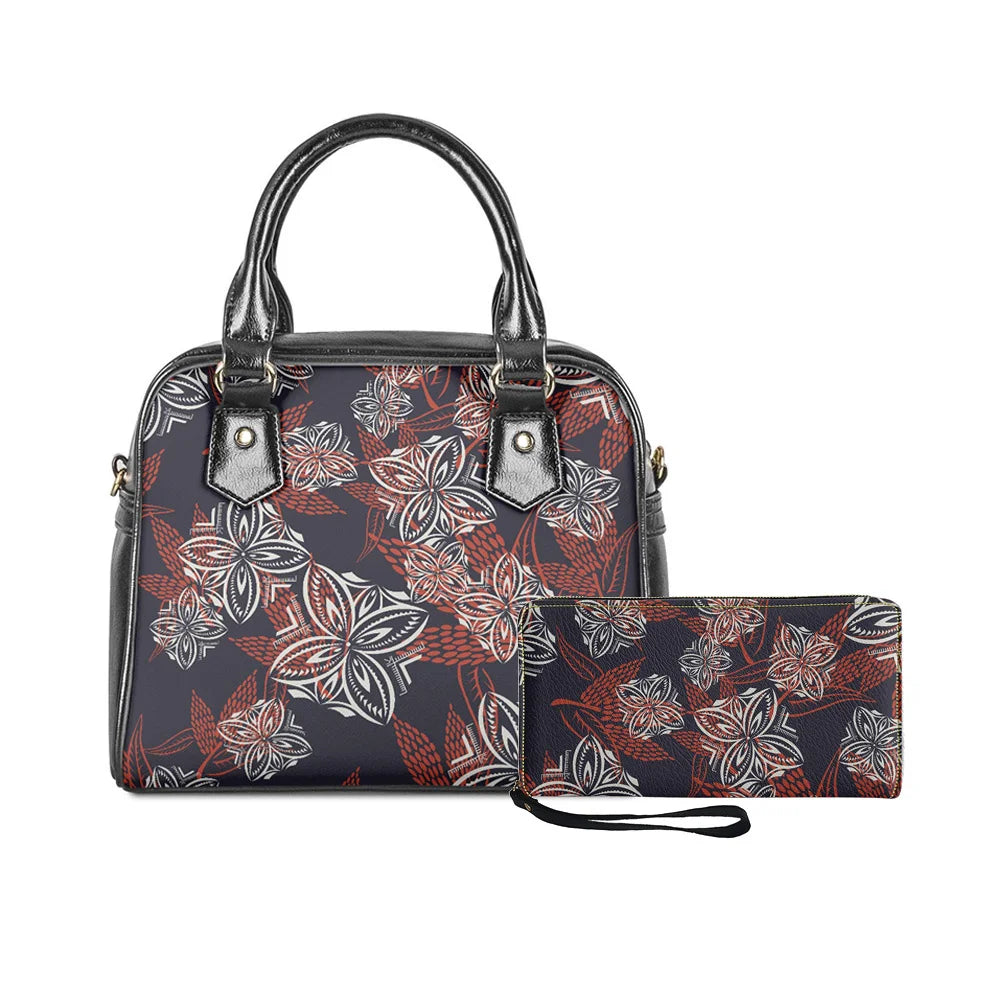 2-piece handbag set featuring a black Polynesian tribal monstera leaf print on premium PU leather with black trim.