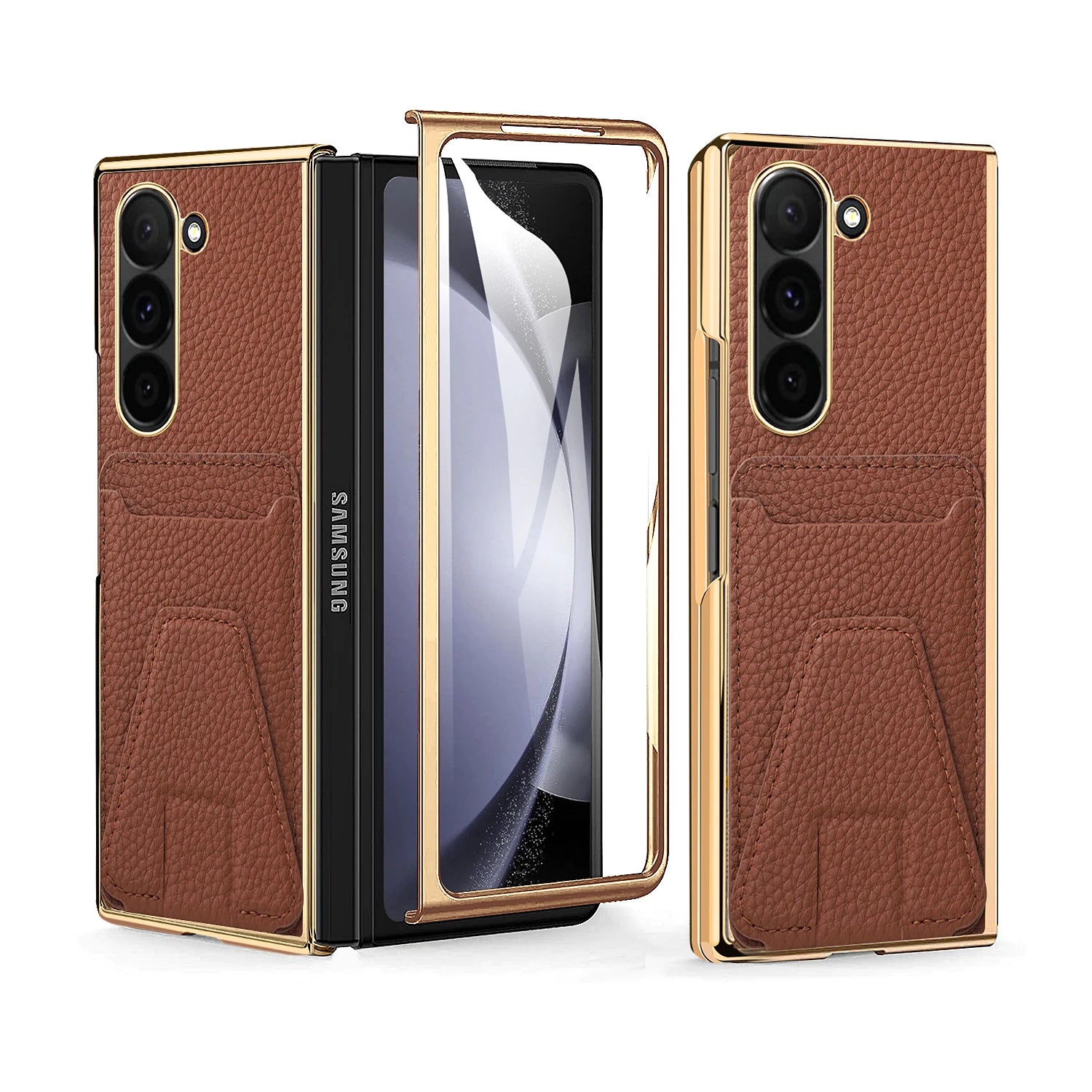 VIETAO Electroplated Leather Phone Case for Samsung Galaxy Z Fold 6 Integrated Film Luxury Screen Protector in Stock CN;GUA Brown Case & Screen Protector Tidesmit