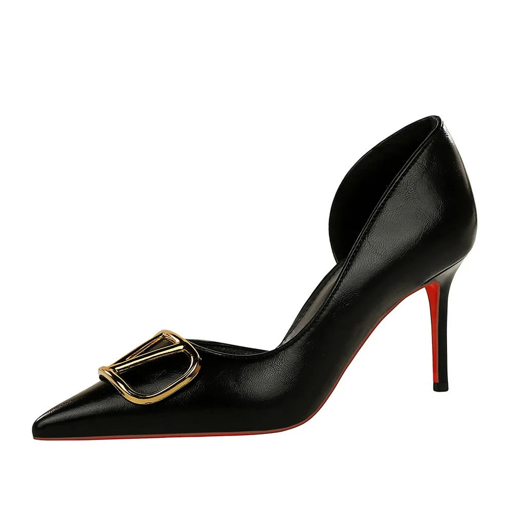 2026 New Korean Style Party Sexy High Heel Metal V-Closure Pointed Toe Low-Cut Thin Heel Side Cutout Professional High Heels