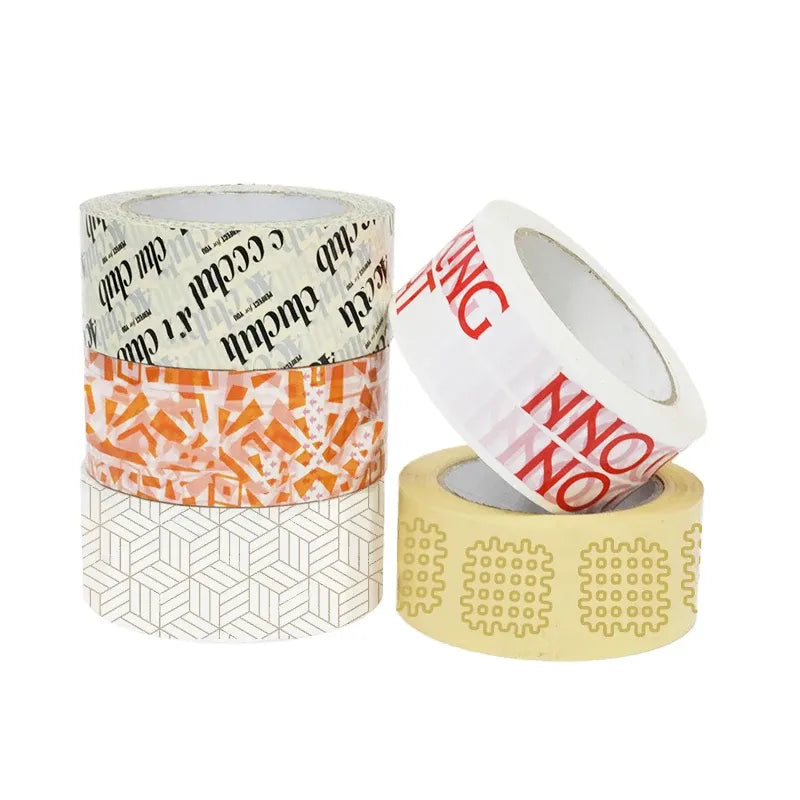 Packaging tape rolls with patterned print, white cores, brown and orange adhesive tape
