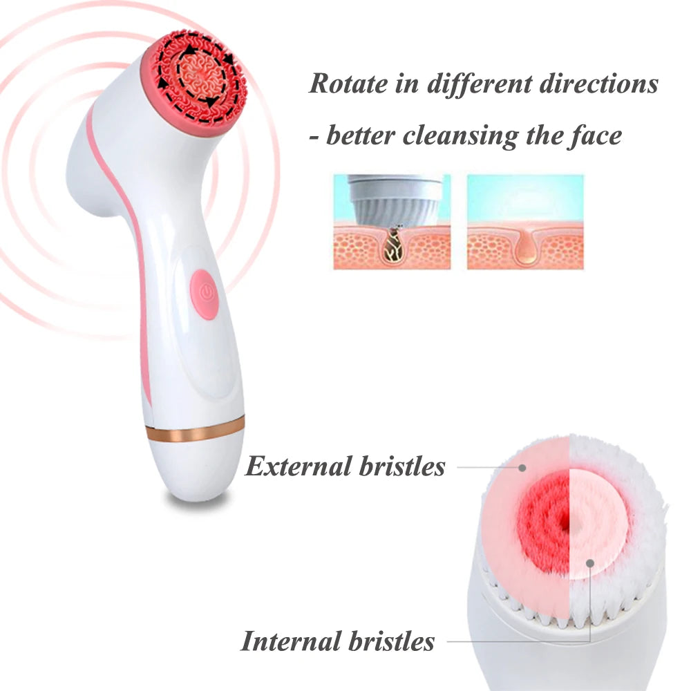 Sonic facial cleansing brush with rotating head, white and pink ergonomic handle, for deep skin and blackhead removal.