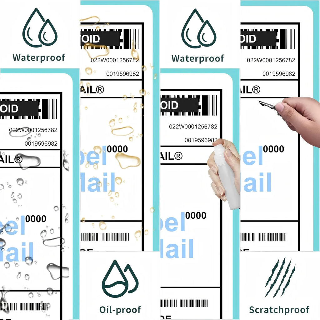 Thermal barcode labels shown as waterproof, oil-proof, and scratchproof panels