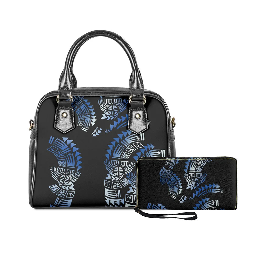 2-piece black handbag and wallet set featuring blue Polynesian tribal patterns and Hawaiian monster leaf designs.