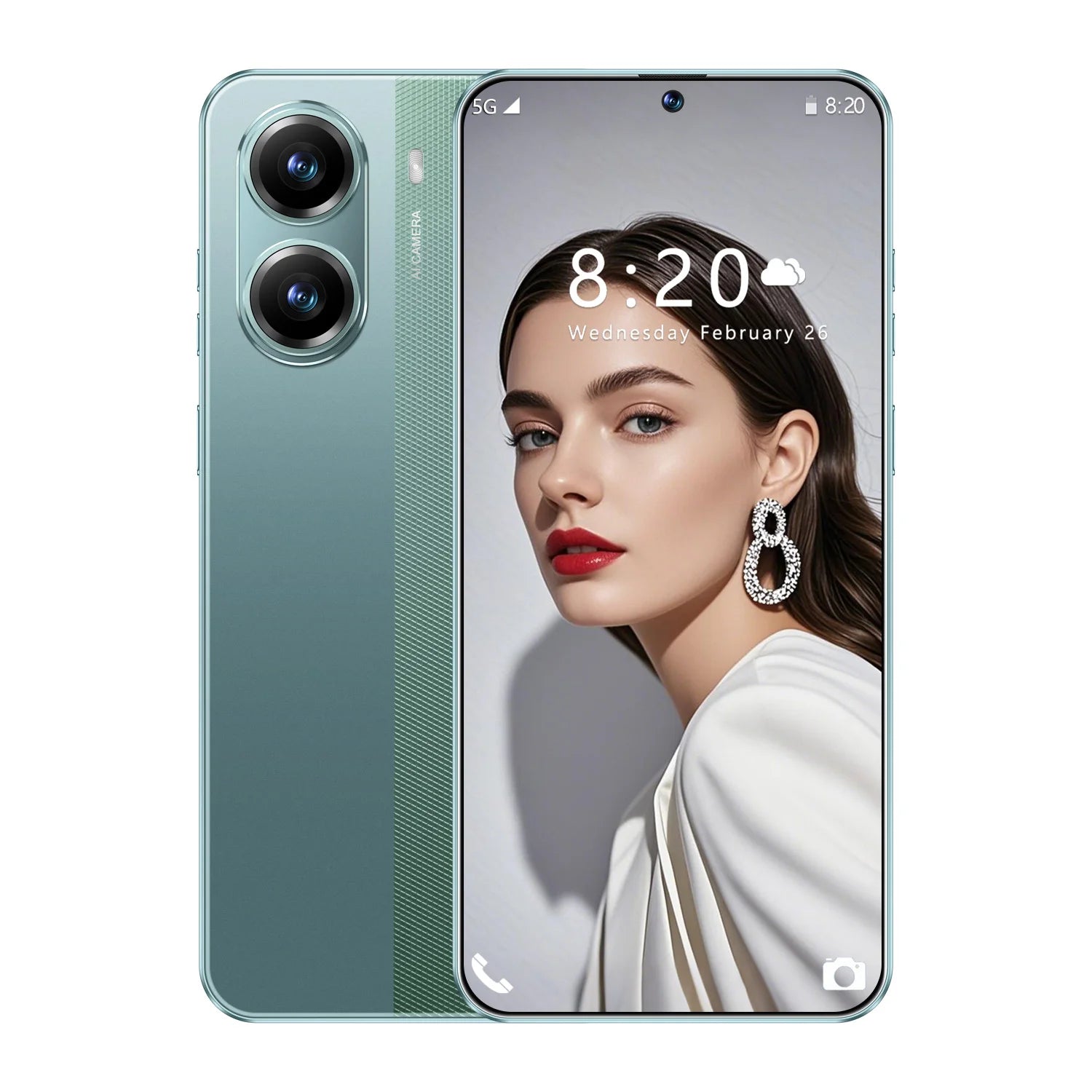 Mint green smartphone with dual rear cameras and woman portrait on screen
