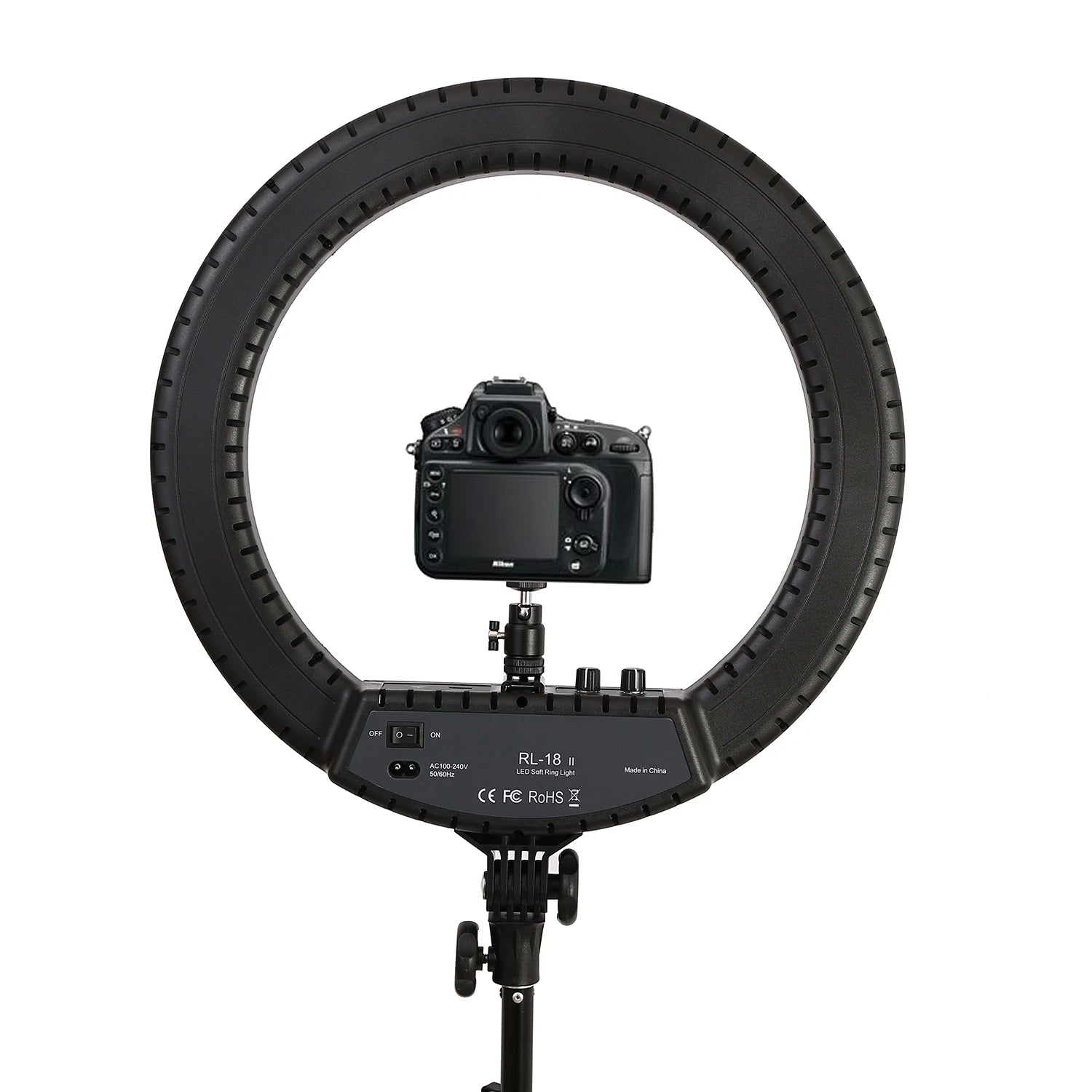 Black RL-18 II LED ring light with a mounted camera for photography and video lighting.