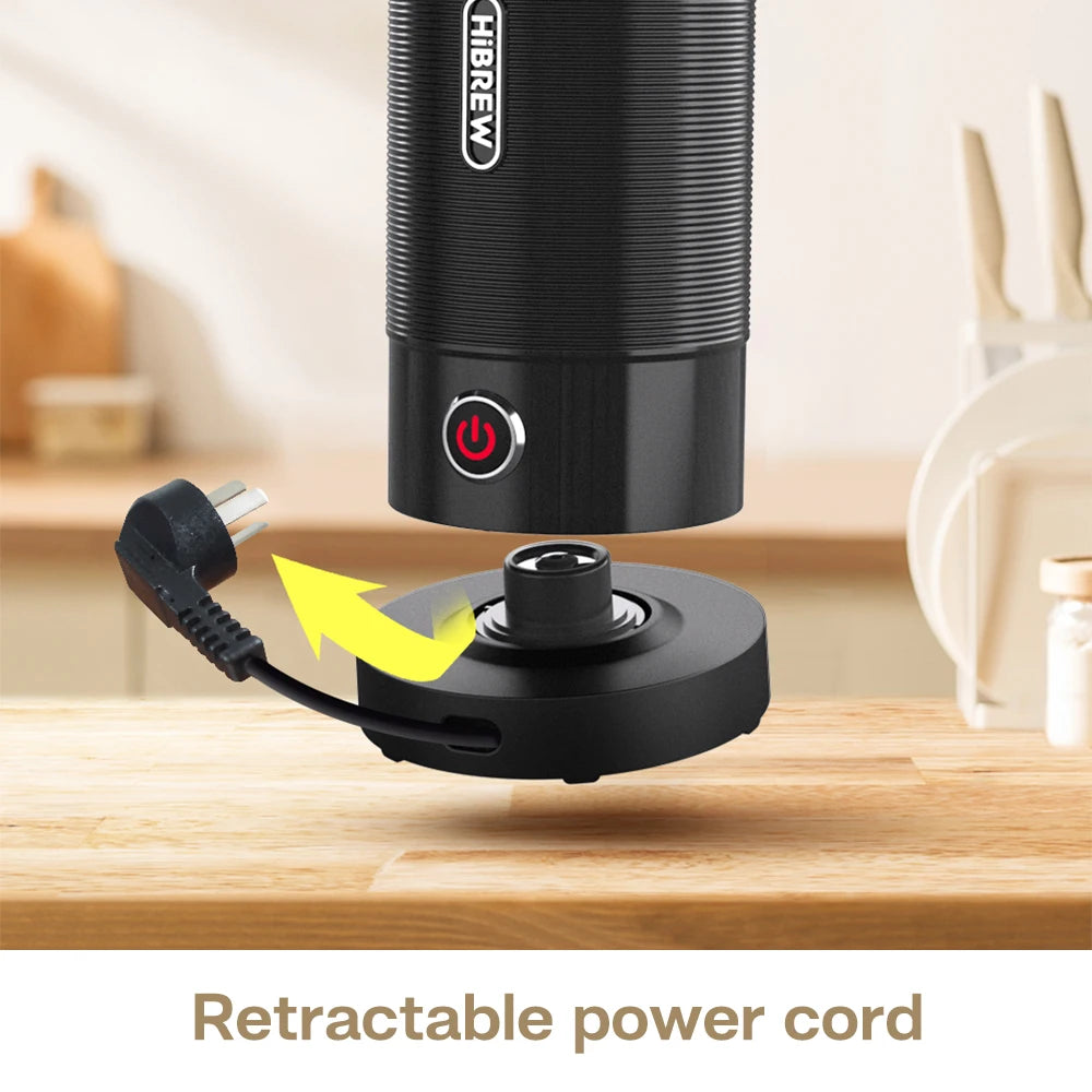 HiBREW black portable coffee maker with a base featuring a convenient retractable power cord design.