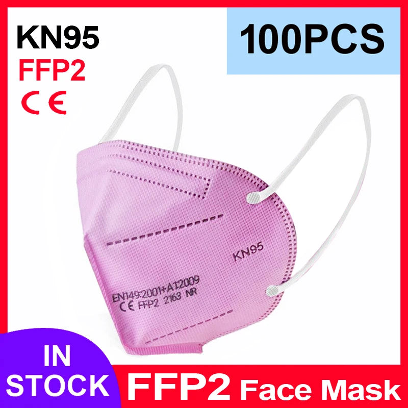 Pink 5-layer KN95 FFP2 face mask with white elastic ear loops, protective folding design, and CE certification markings.