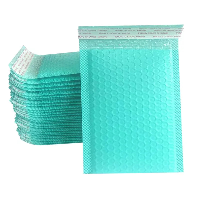 Teal poly bubble mailer pouch with bubble-textured surface and printed top seam