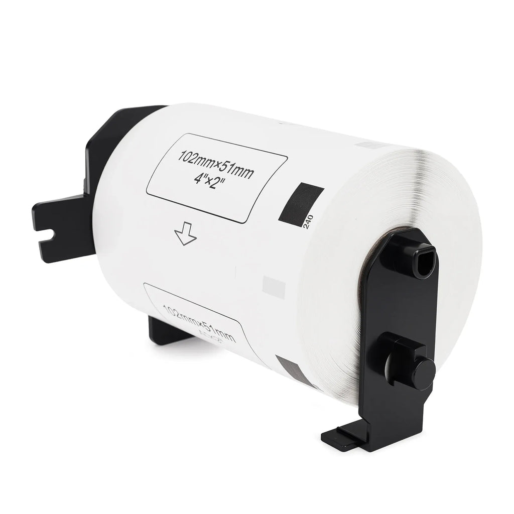 White thermal paper roll with black holders and label size marking