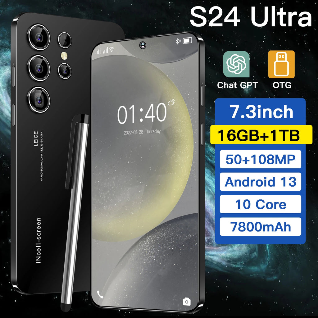 Tidesmit 2026 S24 Ultra smartphone side profile showing 7.3 inch full screen display and slim premium design