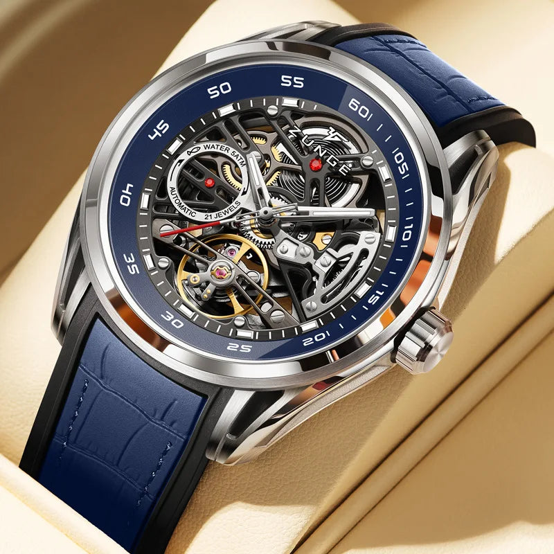Luxury Fully Automatic Hollow Dial Mechanical Men's Watch Multifunctional Luminous Leather Strap Fashionable Business Watch