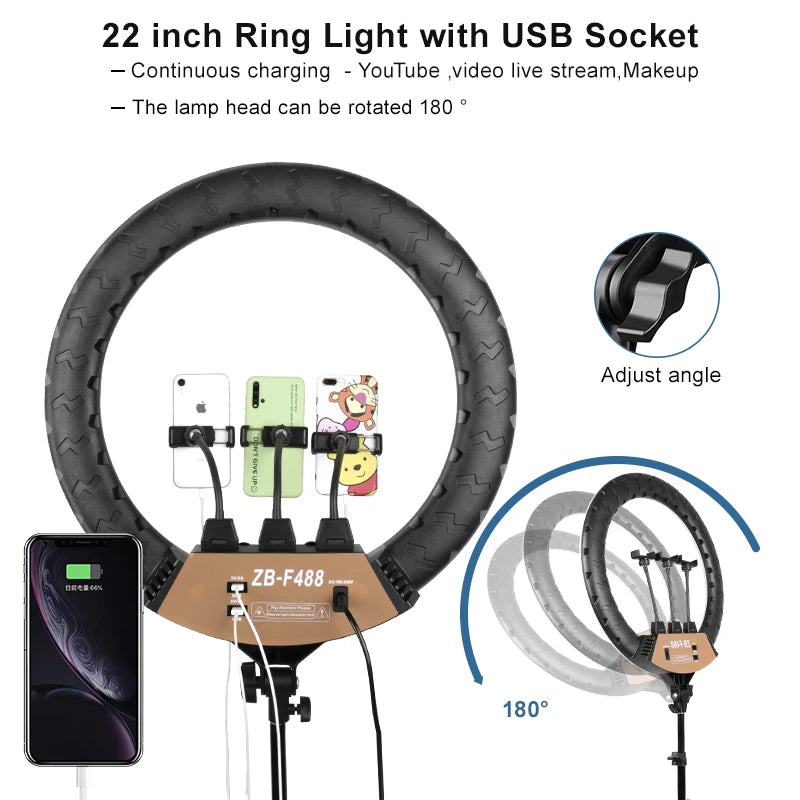 22-inch black ring light with three phone mounts and USB charging ports for live streaming and makeup.