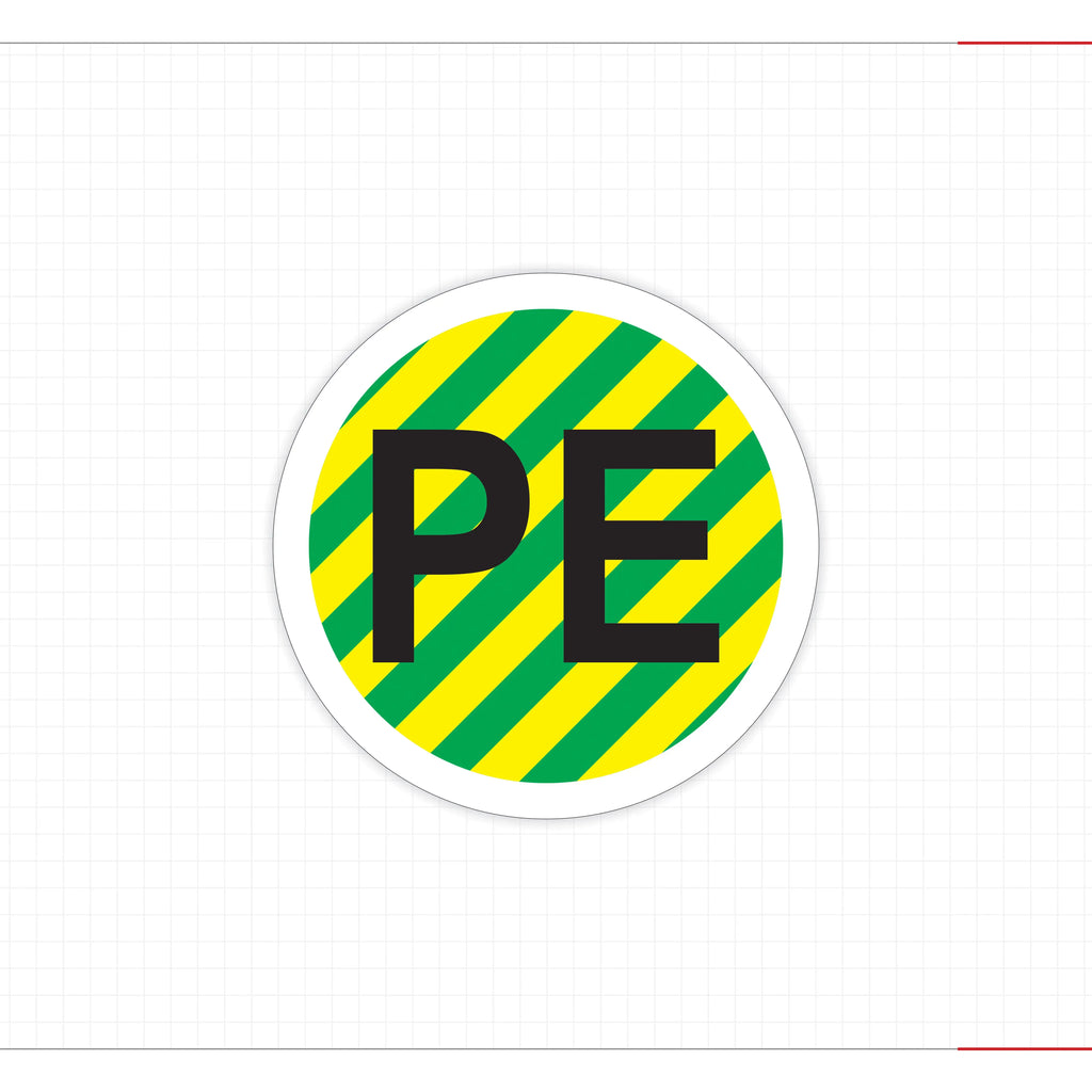 Round PE warning sticker with black letters on yellow and green striped background