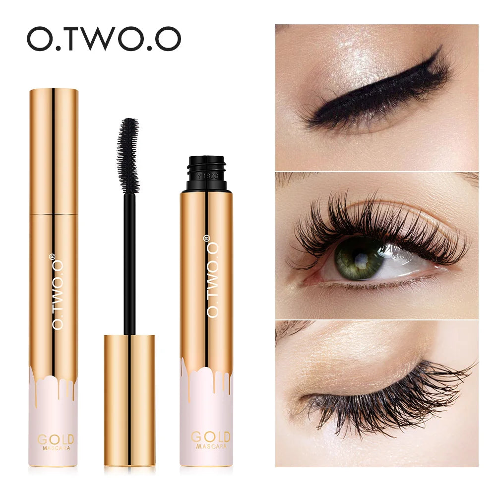 O.TWO.O gold 3D lengthening black mascara for long, voluminous, clump-free lashes with precision brush applicator.