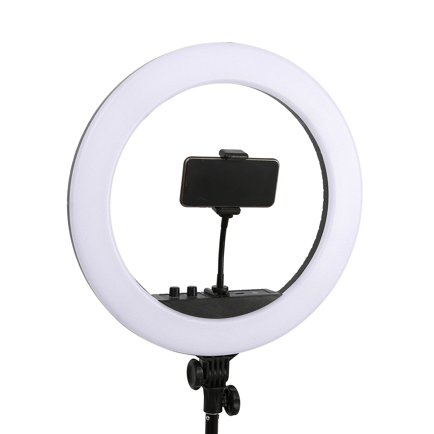 Large white circular LED ring light with a center smartphone mount on a stand for photography and video recording.