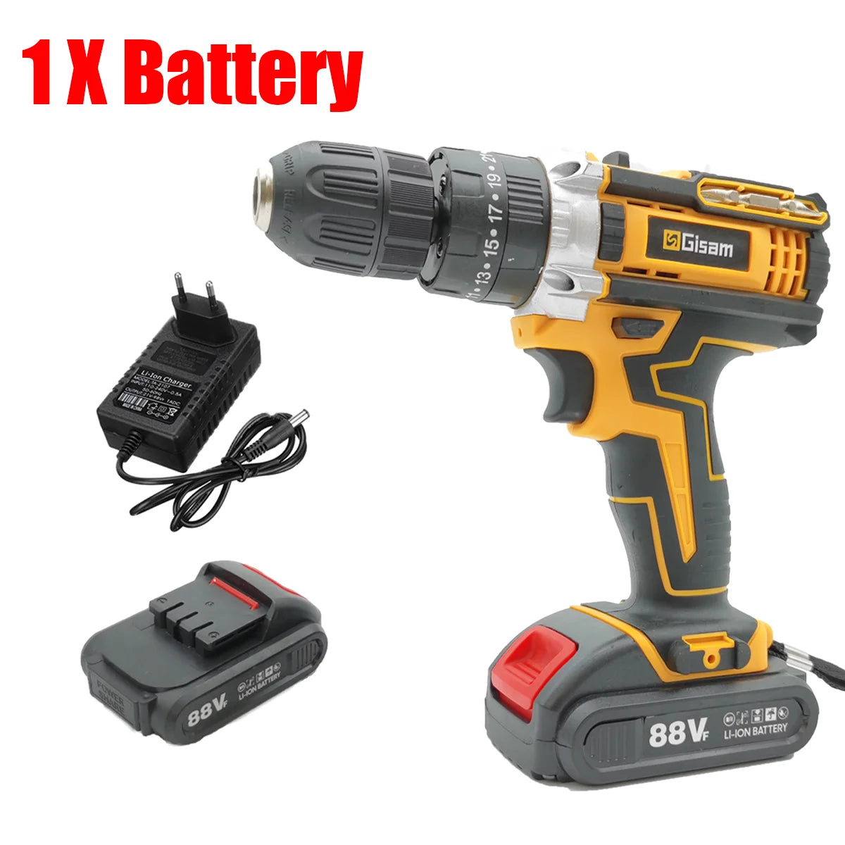 Gisam Cordless Impact Drill Electric Screwdriver Rechargeable Handheld Hammer Drill Power Tool 25+3 Torque Driver Li-ion Battery