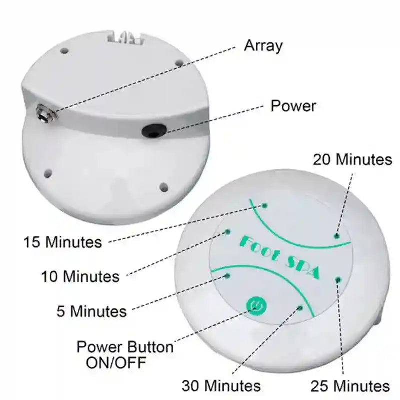 White ionic foot detox spa machine with timer settings, power button, and array connection for home bath therapy.