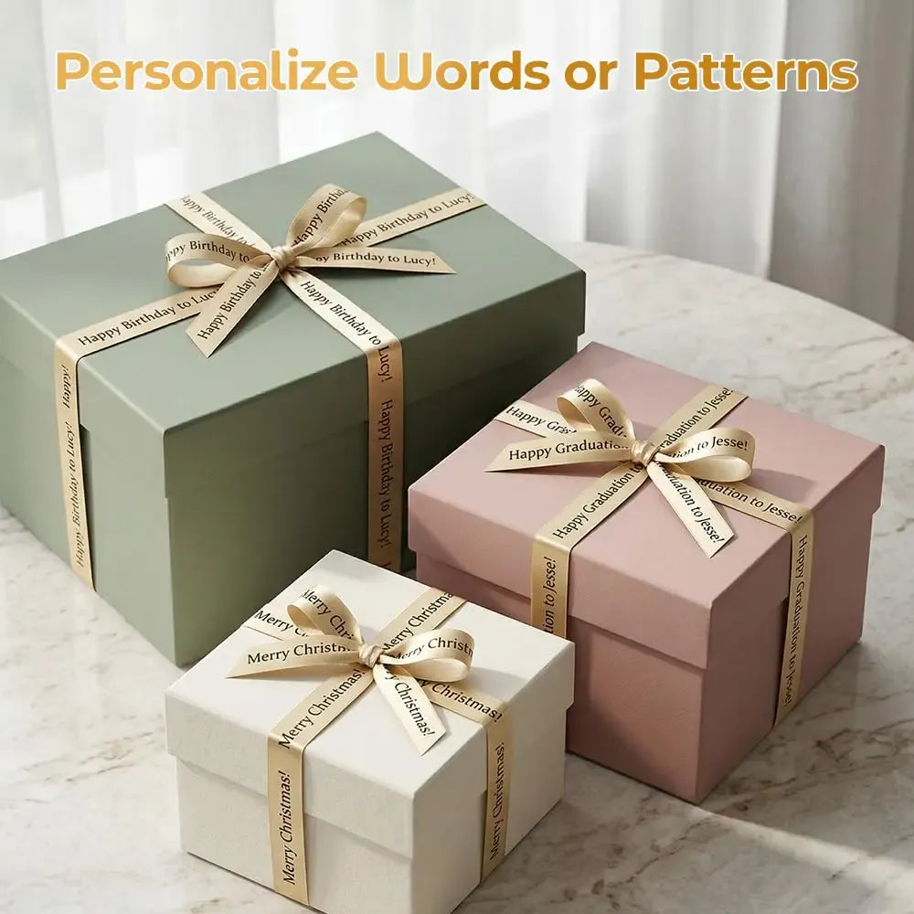 Satin gift wrapping ribbons with gold print on assorted wrapped gift boxes and bows