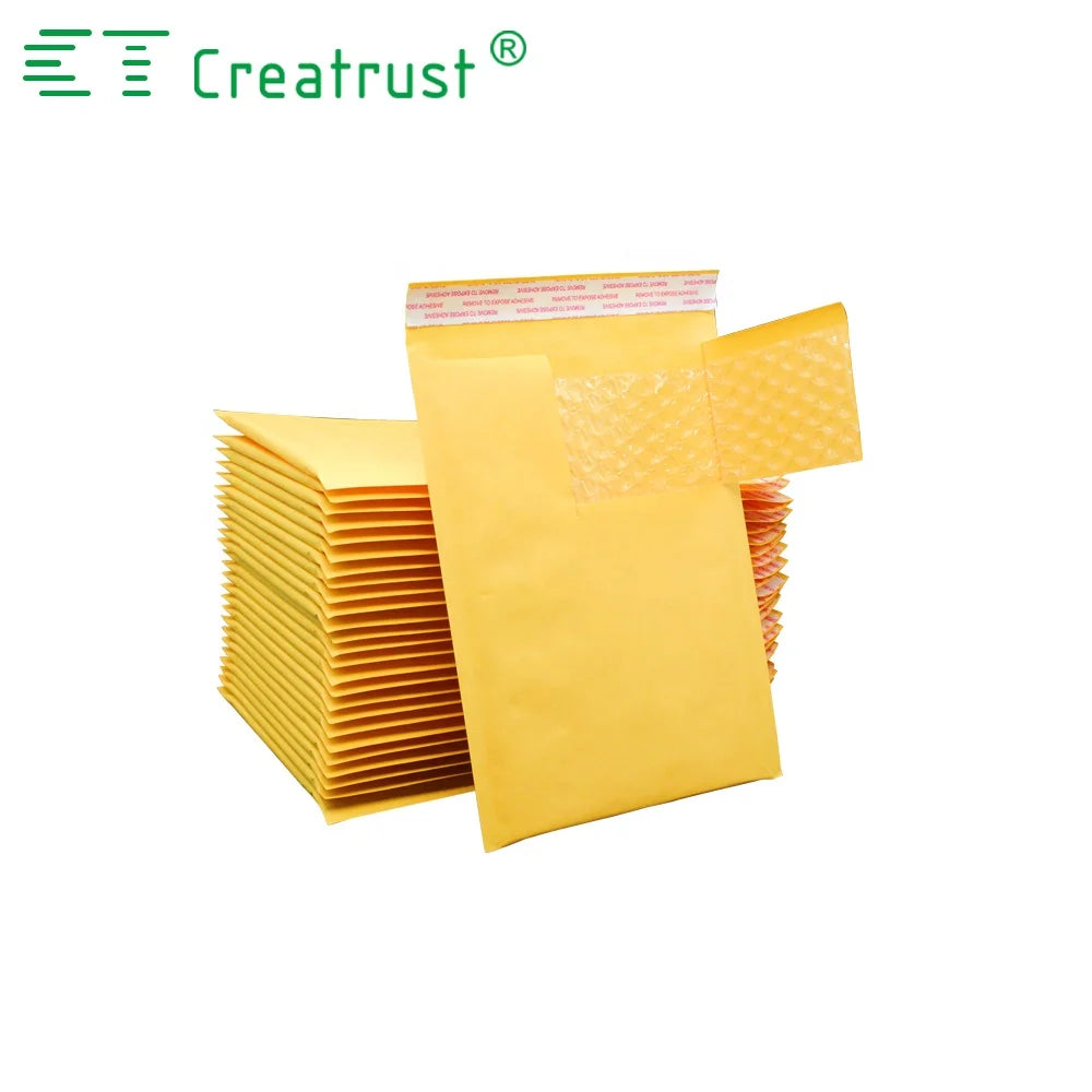 Yellow padded mailer envelopes with printed header and bubble cushioning panel
