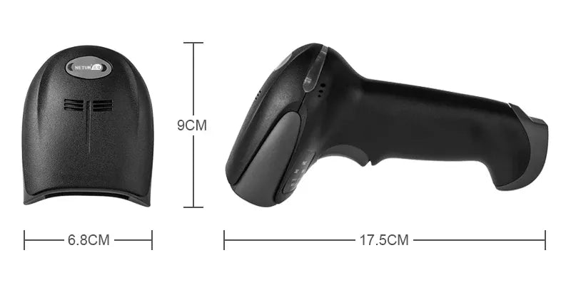 Black wired barcode scanner set with dimensions, 17.5 cm x 9 cm shown