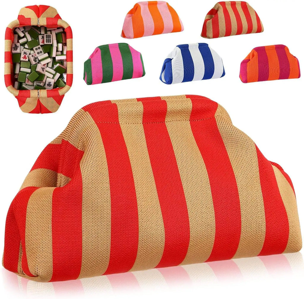 Portable striped fabric Mahjong tile carrying case and storage trunk in various vibrant colors for easy transport.