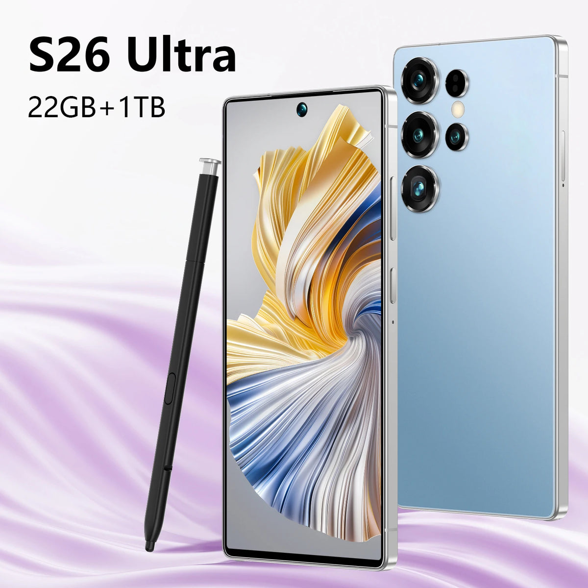 Light blue smartphone with quad rear cameras, front display, and included stylus
