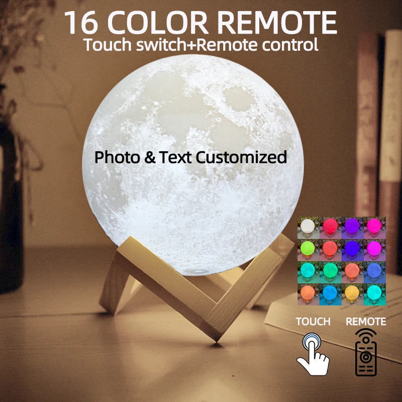 Customizable spherical moon lamp on a wooden stand, featuring 16 light colors controlled by touch or remote.