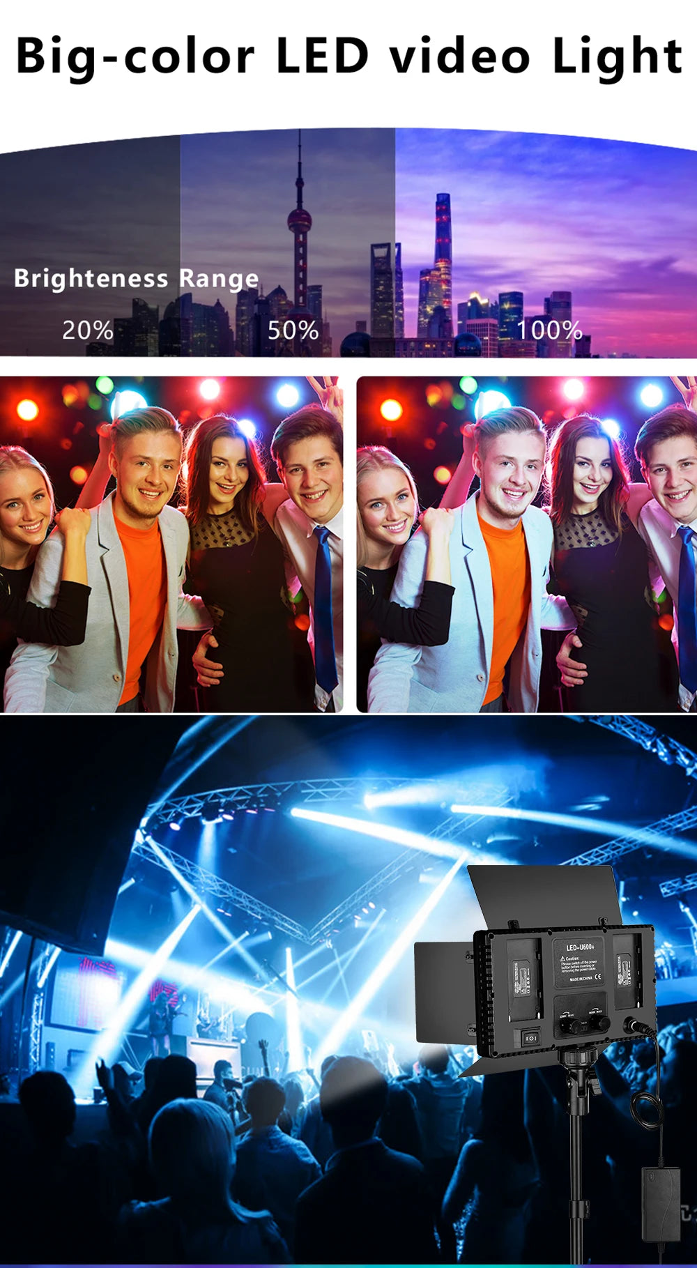 Rectangular LED video light with black barn doors on a stand, used for adjustable studio or event lighting.