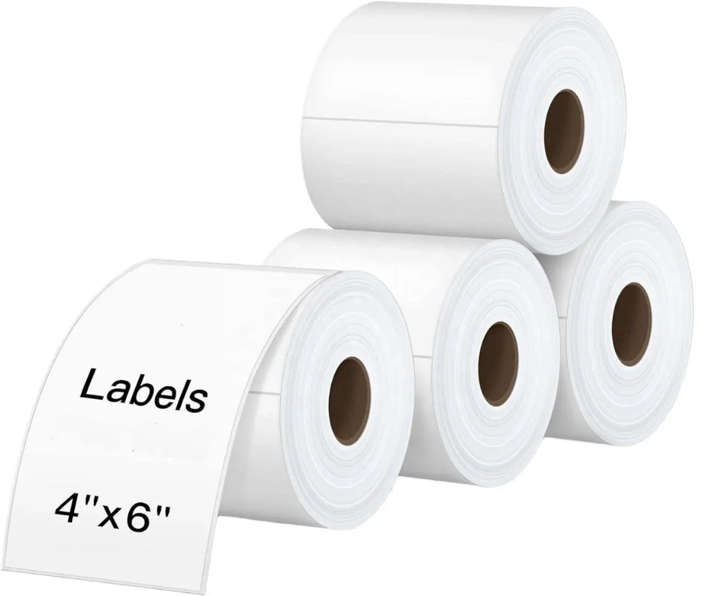 Stack of white glossy heat transfer label rolls, self-adhesive 4 x 6 in blank